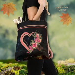 Pink Heart with Roses Tote Bag
