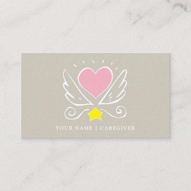 Pink Heart With Wings Caregiver On Blue Business  Business Card (Front)