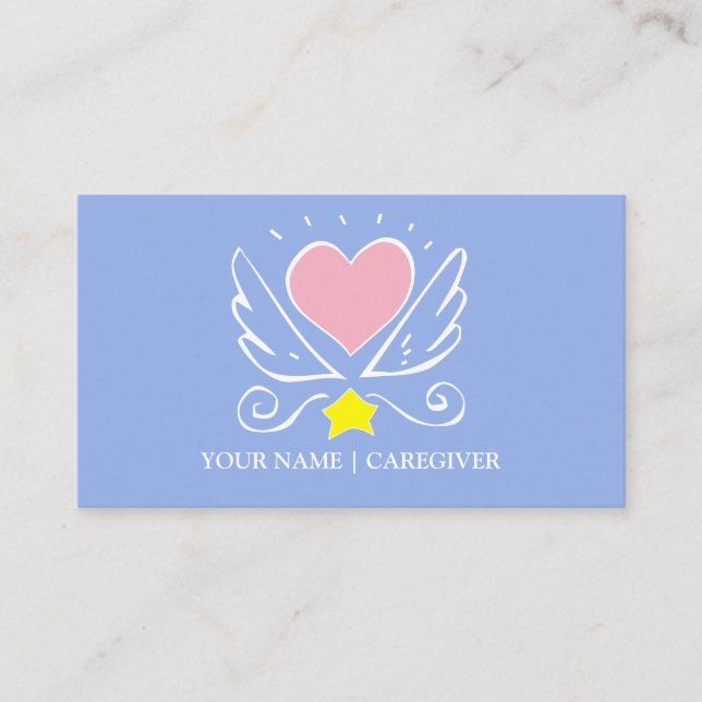 Pink Heart With Wings Caregiver On Blue Business Card (Front)