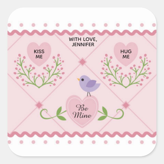 Pink Hearts and Bird Square Sticker (Front)