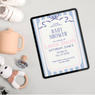 Pink hearts and Blue Bows Baby Shower Invitation