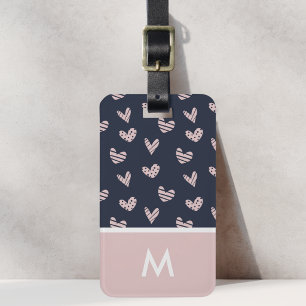 Pink Hearts and Navy Blue Custom Initial Luggage Tag