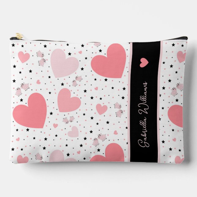 Pink hearts and piggy accessory pouch (Front)