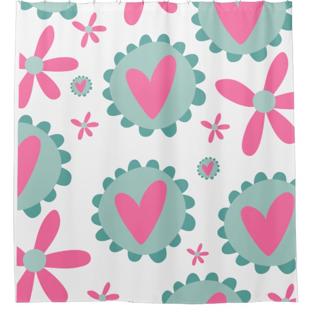 Pink Hearts And Pink Flowers Pattern Shower Curtain (Front)