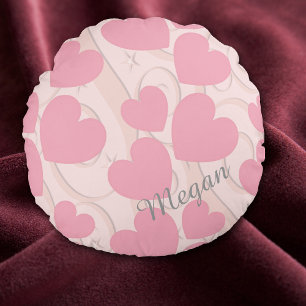 Pink Hearts and Ribbon Personalised Valentine Round Cushion