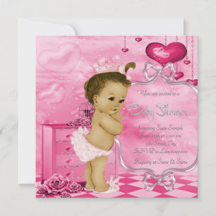 Pink Hearts and Roses African American Baby Shower Invitation