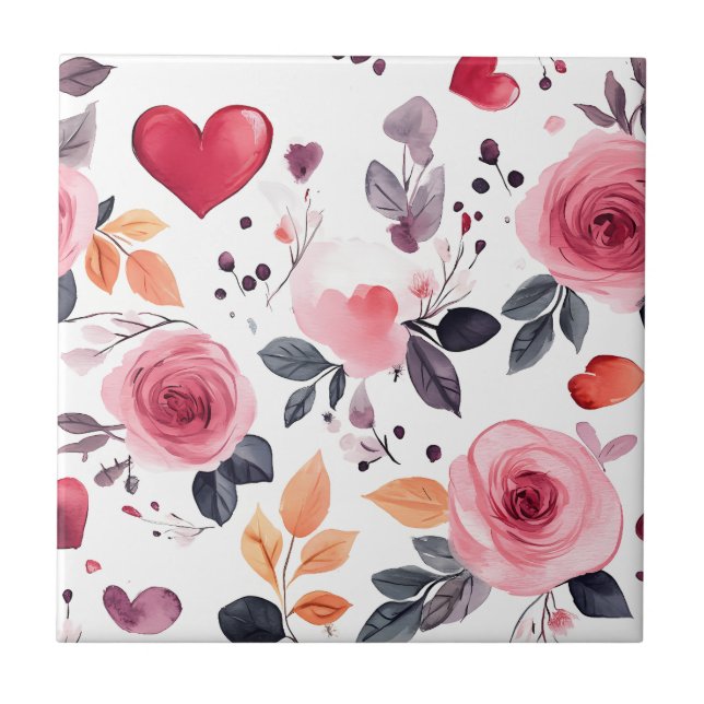 Pink Hearts and Roses Ceramic Tile (Front)