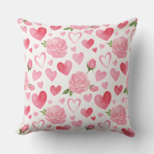 Pink Hearts and Roses Cushion (Front)