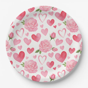 Pink Hearts and Roses Paper Plate