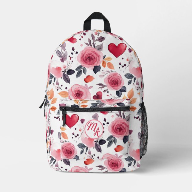 Pink Hearts and Roses  Printed Backpack (Front)