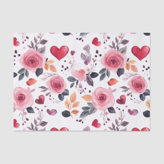 Pink Hearts and Roses  Tissue Paper (Front)
