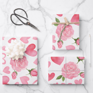 Pink Hearts and Roses Wrapping Paper Sheet