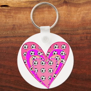 Pink Hearts And Soccer Balls Pattern Key Ring
