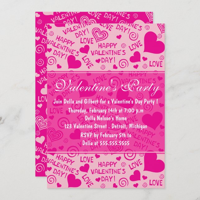 Pink Hearts and Typography Valentine's Day Party Invitation (Front/Back)