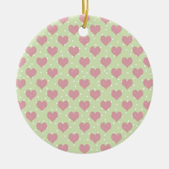 Pink hearts and white polka dots pattern ceramic ornament (Front)