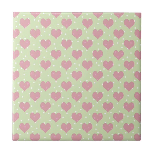 Pink hearts and white polka dots pattern ceramic tile (Front)