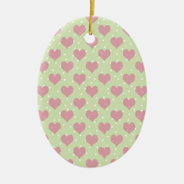 Pink hearts and white polka dots pattern ceramic tree decoration (Front)