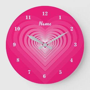 Pink Hearts and Your Name - Text - Romantic Modern Large Clock