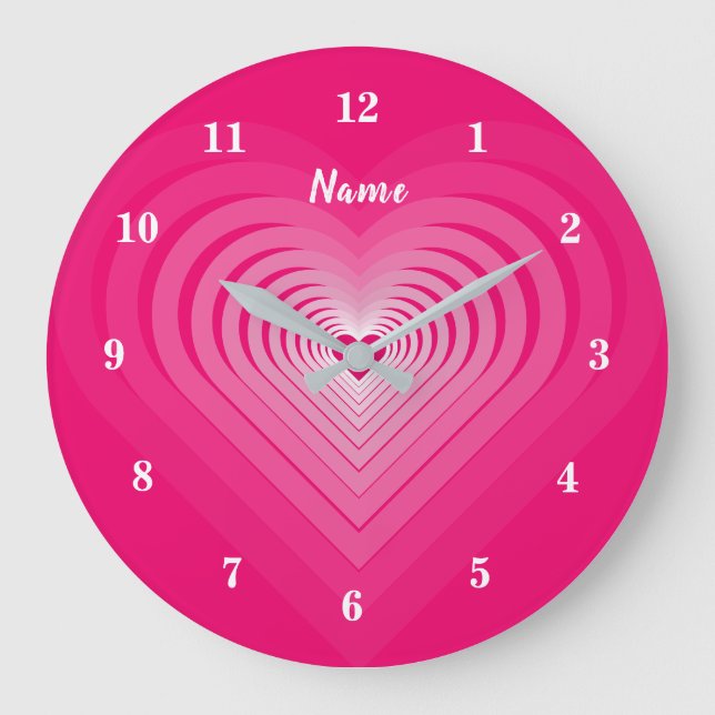 Pink Hearts and Your Name - Text - Romantic Modern Large Clock (Front)