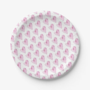 Pink Hearts Artisan Watercolor Pattern Sweet Love Paper Plate