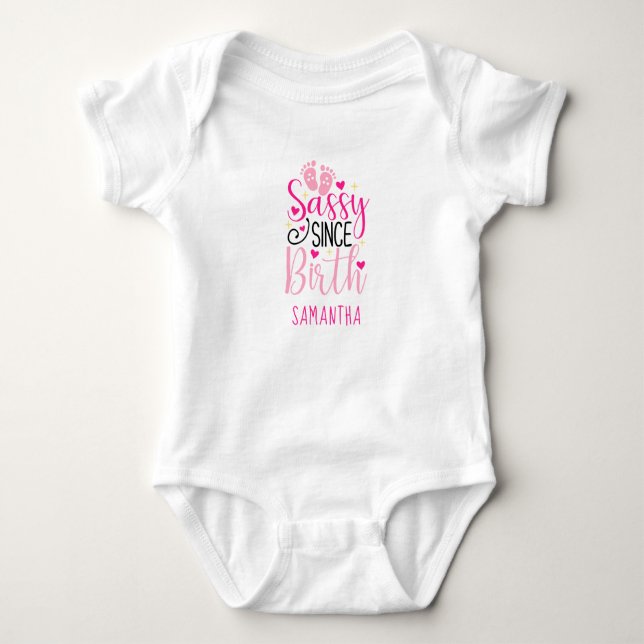 Pink Hearts Baby Footprints Sassy Since Birth Baby Baby Bodysuit (Front)
