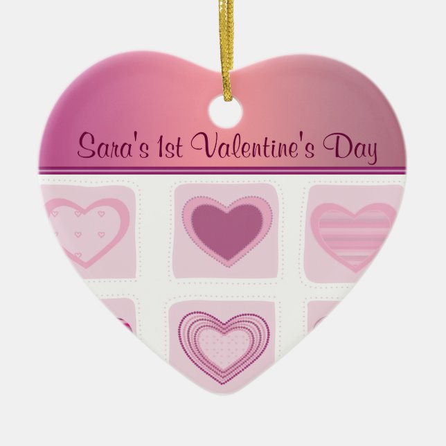 Pink Hearts Babys First Valentines Day Photo Ceramic Ornament (Front)