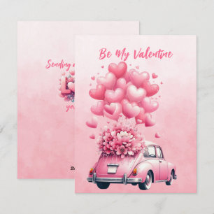 Pink Hearts Balloons Car In Pink Holiday Card