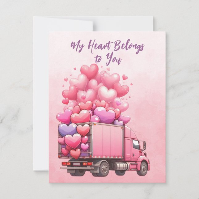 Pink Hearts Balloons Truck In Pink  Holiday Card (Front)