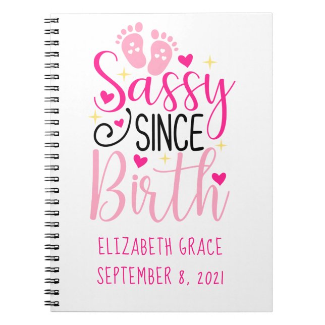 Pink Hearts Birth Stats Sassy Since Birth Baby Notebook (Front)