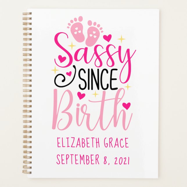 Pink Hearts Birth Stats Sassy Since Birth Baby  Planner (Front)