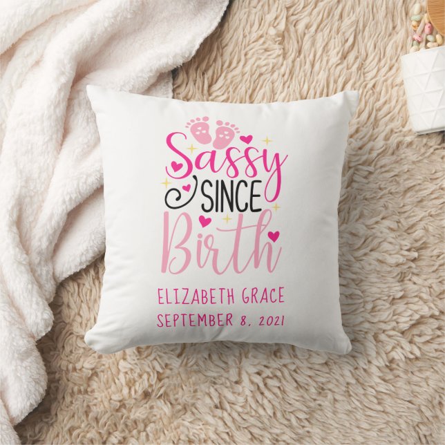 Pink Hearts Birth Stats Sassy Since Birth Cute Cushion (Blanket)