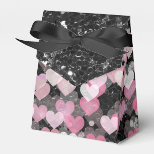 Pink Hearts Black Faux Glitter Black Bow Favour Box