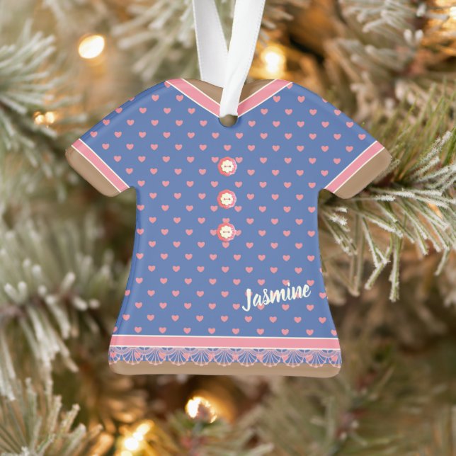 Pink Hearts Blue Dress Lace Trim Personalised Ornament (Tree)