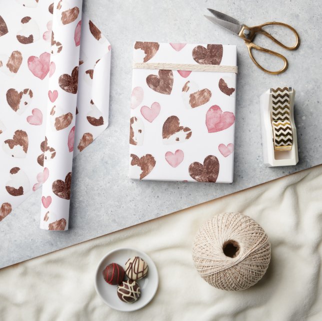 Pink Hearts Brown Cocoa Cow Print Birthday Wrapping Paper (Crafts)