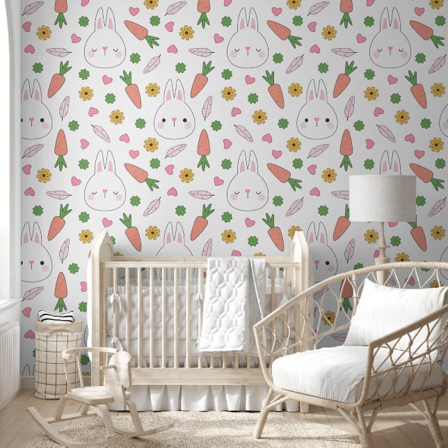 Pink Hearts Bunnies Carrots Girl Nursery Pattern Wallpaper (Kids)