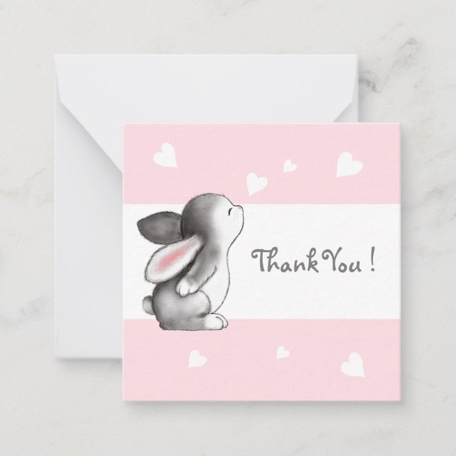Pink Hearts Bunny Thank You Note Cards (Front)