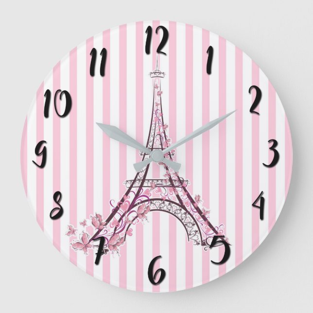 Pink Hearts & Butterflies Paris Eiffel Tower Large Clock (Front)