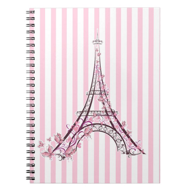 Pink Hearts & Butterflies Paris Eiffel Tower Notebook (Front)