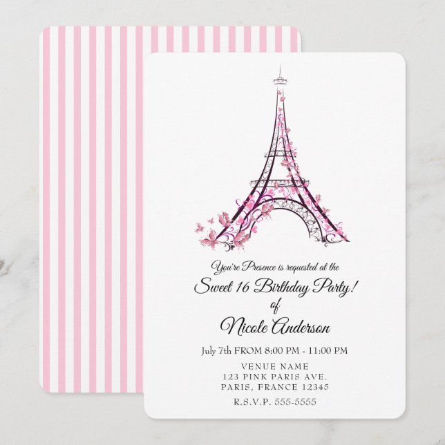 Pink Hearts & Butterflies Paris Eiffel Tower Party Invitation (Front/Back)