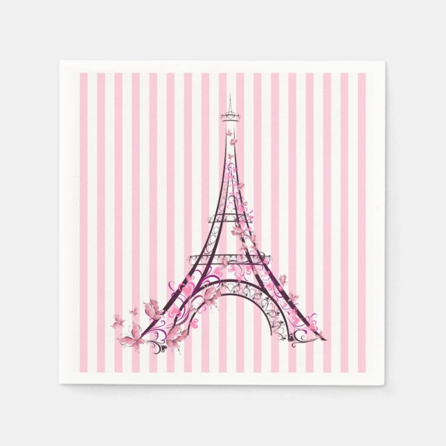 Pink Hearts & Butterflies Paris Eiffel Tower Party Napkin (Front)