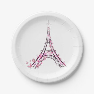 Pink Hearts & Butterflies Paris Eiffel Tower Party Paper Plate