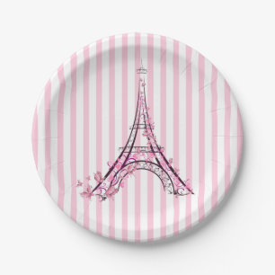 Pink Hearts & Butterflies Paris Eiffel Tower Party Paper Plate