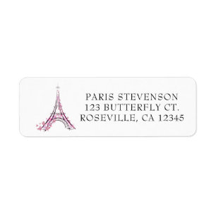 Pink Hearts & Butterflies Paris Eiffel Tower Return Address Label