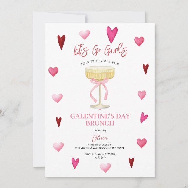 Pink Hearts & Champagne Glass Girls’ Night Invitation (Front)