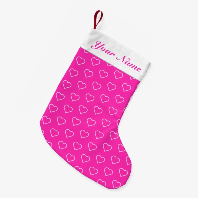 Pink Hearts Christmas Stocking with Custom Name (Front (Hanging))