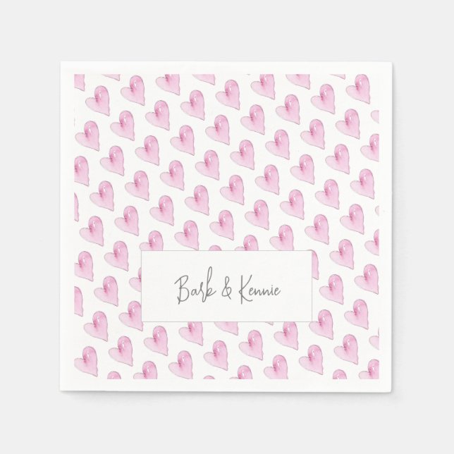 Pink Hearts COUPLE NAMES Love Watercolor Art Napkin (Front)