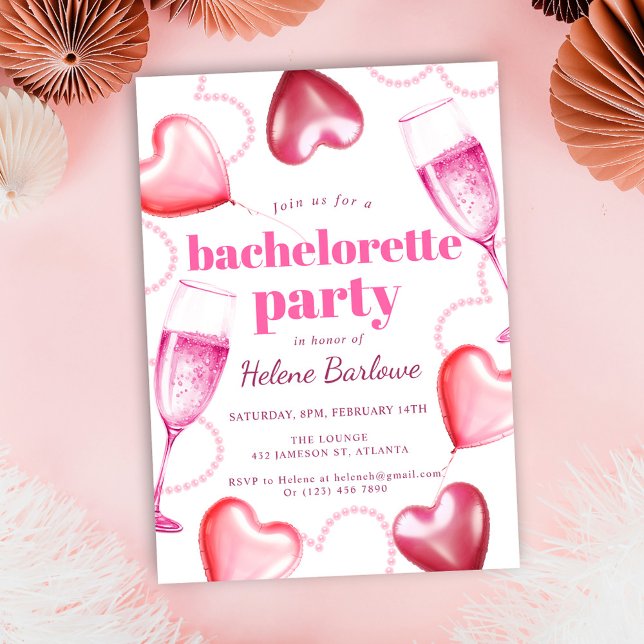 Pink Hearts Cute Girly Chic Bachelorette Party Invitation (Pink Girly Cute Modern Chic Bachelorette Party Invitation)