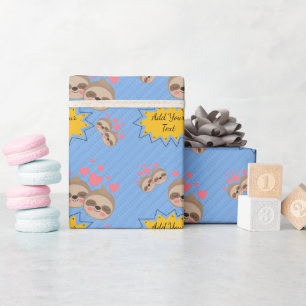 Pink Hearts Cute Sloth Pattern Baby Shower Party Wrapping Paper