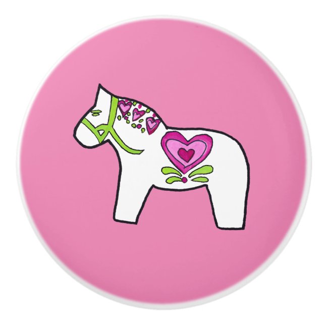Pink Hearts Dala Horse Ceramic Knob (Front)