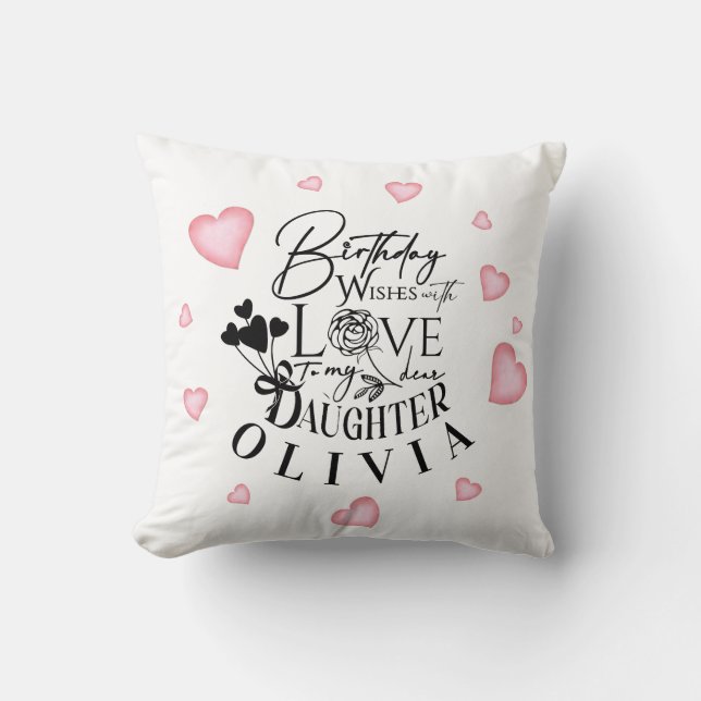 Pink Hearts Daughter Birthday Text Design Cushion (Front)